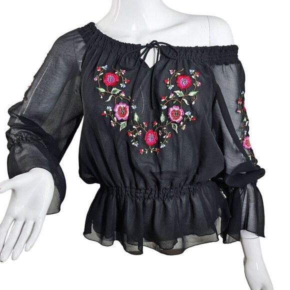 Jonathan Martin Embroidered Off Shoulder Gypsy Blouse Top Women M/L Sheer Black - Picture 3 of 9